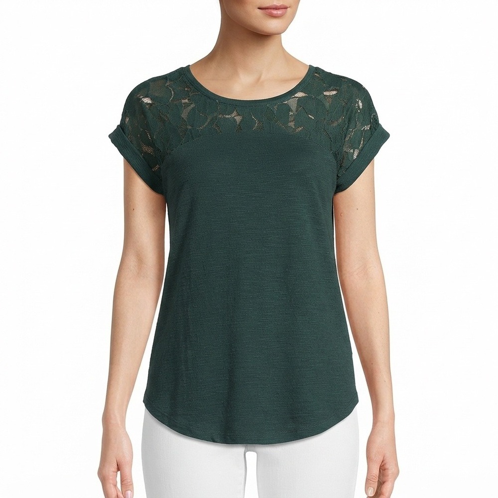 Merona Shirt Womens Small Dark Green Lace Yoke Short Sleeve Top Slub Knit Blouse